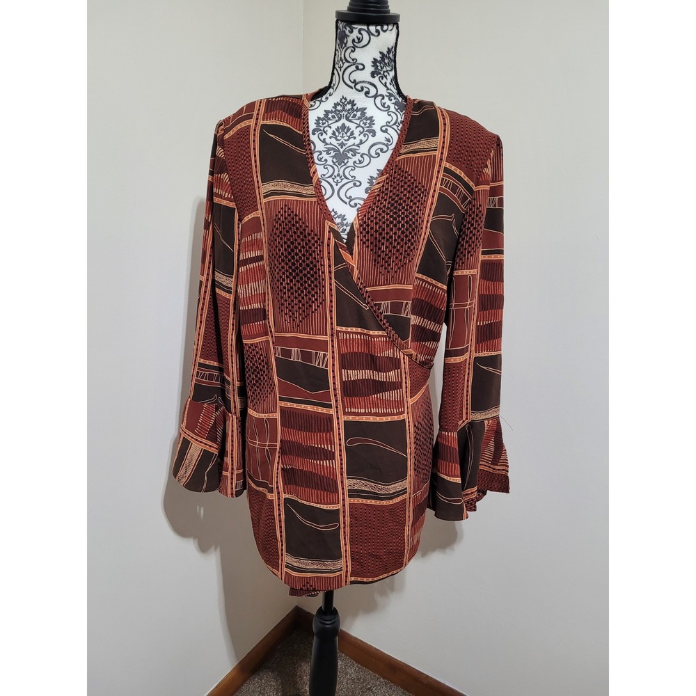 Ashley Stewart Blouse Womens 14 Brown Rust Geometric Bell Sleeve Tie Back